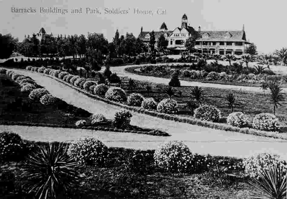 "Barracks Buildings and Park" are seen in this vintage postcard from the Old Soldiers Home.