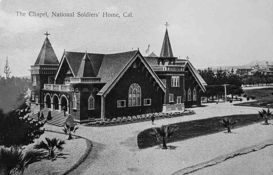 The chapel, seen circa 1900, was used for religious services, weddings, substance abuse counseling and funeral rites by both veterans and members of the local community until a 1971 earthquake made the building unsafe for use. It is currently deteriorating, although the VA hopes to save it.