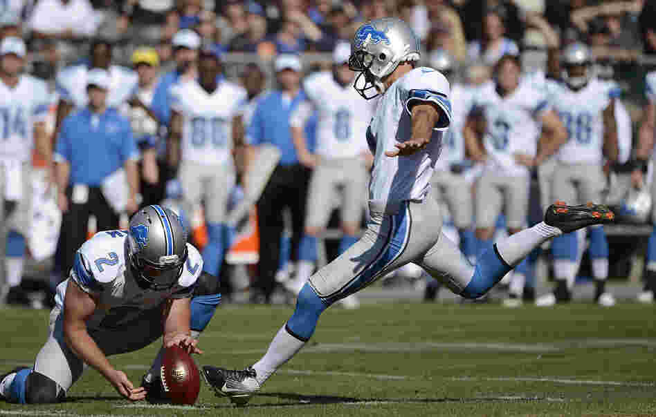 Detroit Lions place-kicker Jason Hanson attempts a field goal in a preseason game against the Oakland Raiders. Hanson, 42, has played 21 consecutive seasons for the Lions.