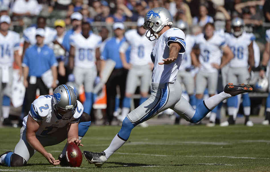 Detroit Lions place-kicker Jason Hanson attempts a field goal in a preseason game against the Oakland Raiders. Hanson, 42, has played 21 consecutive seasons for the Lions.