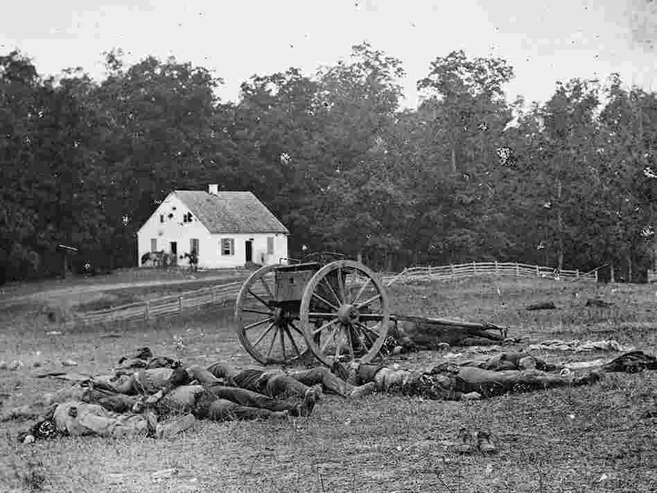 The area around the white brick Dunker Church was also a scene of heavy fighting. These men had been carried from the places where they fell, in preparation for burial. It took four days to clear all the soldiers' bodies from the battlefield.