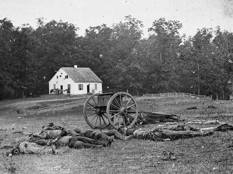 The area around the white brick Dunker Church was also a scene of heavy fighting. These men had been carried from the places where they fell, in preparation for burial. It took four days to clear all the soldiers' bodies from the battlefield.