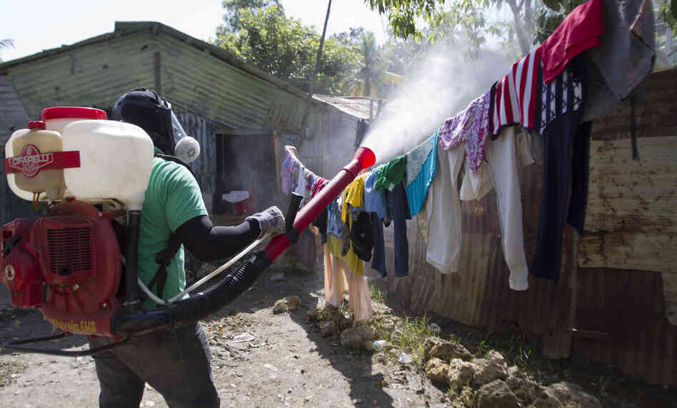 A health worker in the Domincan Republic sprays insecticide between houses to stop dengue fever outbreaks this month.