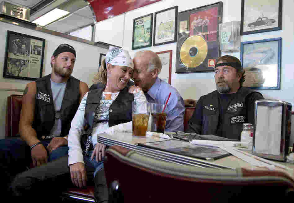 Vice President Joe Biden's talks to customers during a stop at Cruisers Diner in Seaman, Ohio on Sunday.