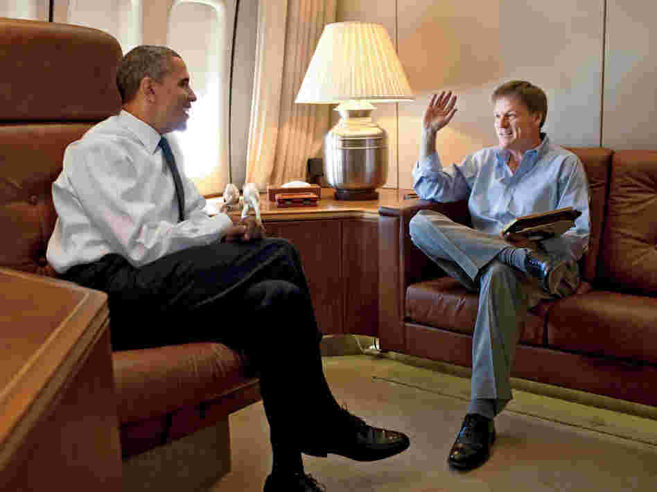 In this photo from the October issue of Vanity Fair, writer Michael Lewis interviews Obama.