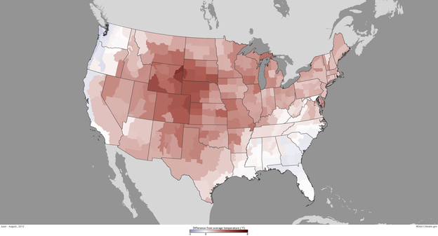 A map that shows the difference from average temperatures.