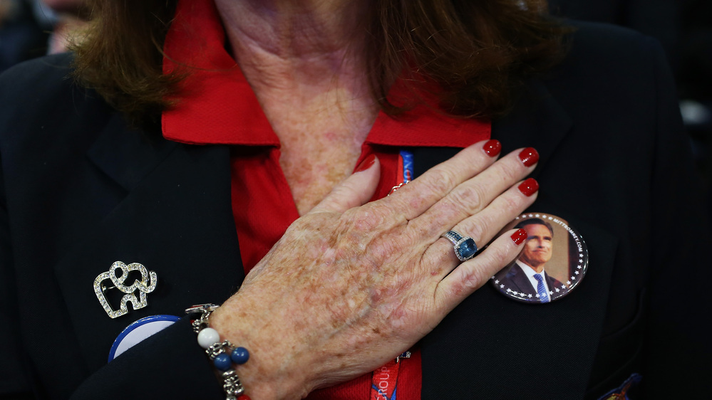 A woman recites the Pledge of Allegiance at the Republican National Convention in Tampa, Fla., on Aug. 29.