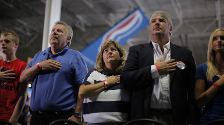 Attendees at Monday's Mitt Romney rally in Mansfield, Ohio, recite the Pledge of Allegiance. Attendees at Monday's Mitt Romney rally in Mansfield, Ohio, recite the Pledge of Allegiance.