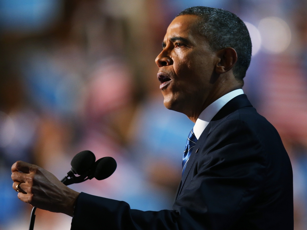 Democratic presidential candidate, U.S. President Barack Obama speaks on stage as he accepts the nomination for president during the final day of the Democratic National Convention in Charlotte, North Carolina.