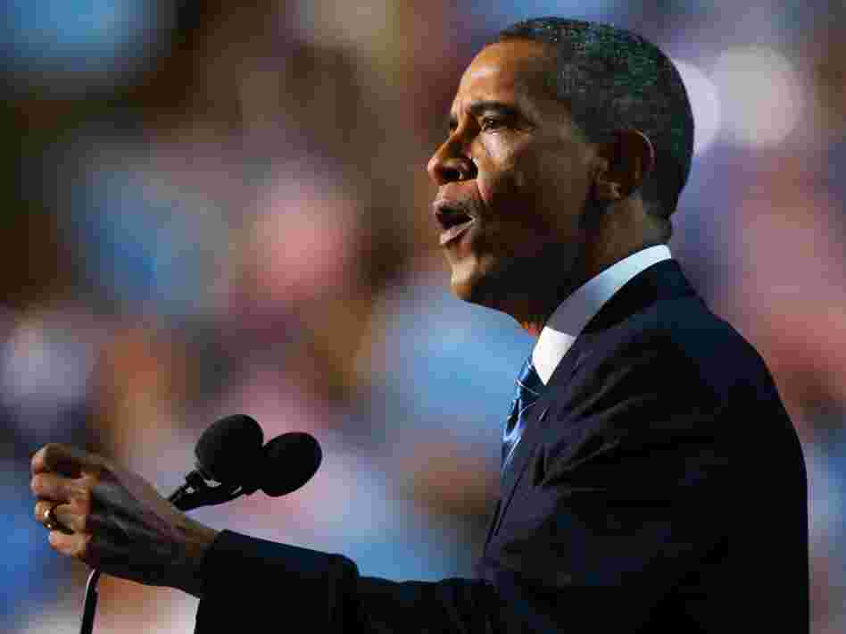 Democratic presidential candidate, U.S. President Barack Obama speaks on stage as he accepts the nomination for president during the final day of the Democratic National Convention in Charlotte, North Carolina.