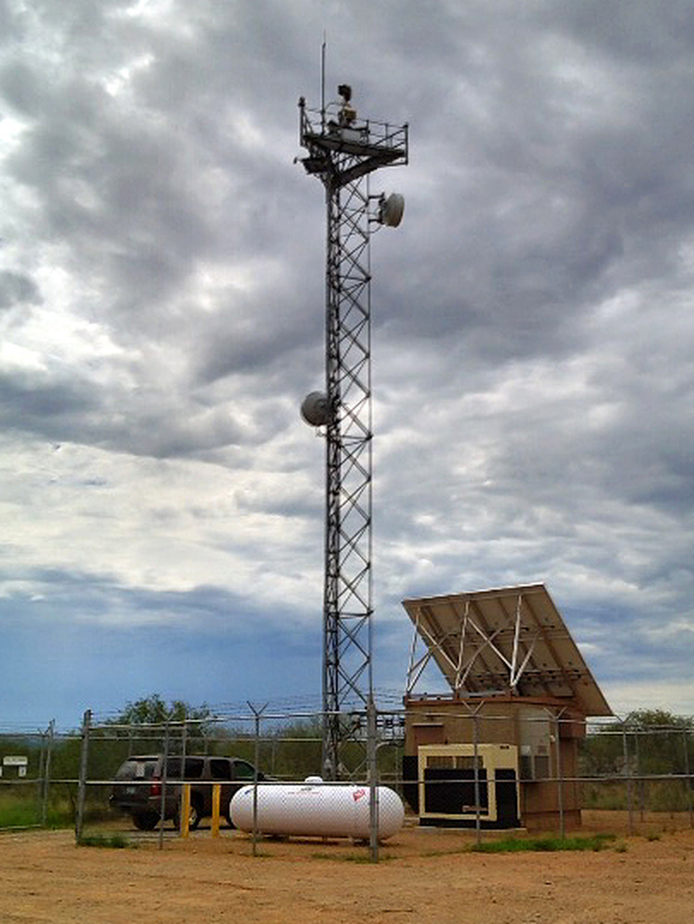 One of the towers south of Tucson built as part of the aborted SBI-Net plan. It has radar, microwave, video, infrared and ground-sensor relays.