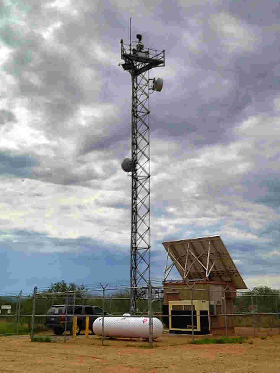 One of the towers south of Tucson built as part of the aborted SBI-Net plan. It has radar, microwave, video, infrared and ground-sensor relays.