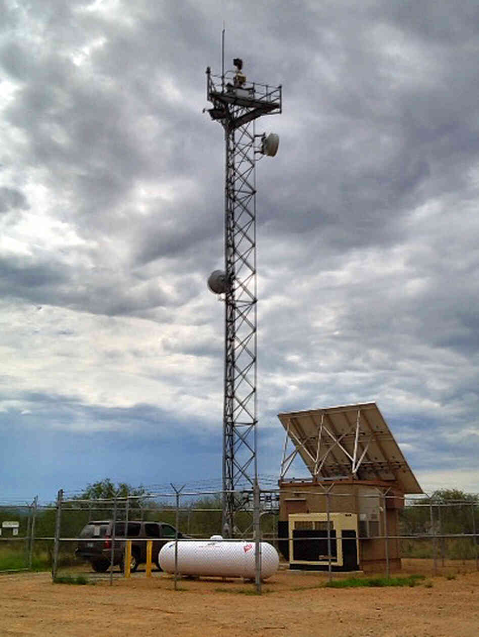 One of the towers south of Tucson built as part of the aborted SBI-Net plan. It has radar, microwave, video, infrared and ground-sensor relays.