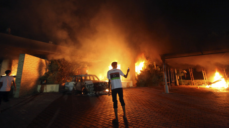 The U.S. Consulate in Benghazi was in flames during a protest by an armed group angry over a film ridiculing Islam's Prophet Muhammad. The U.S. Consulate in Benghazi was in flames during a protest by an armed group angry over a film ridiculing Islam's Prophet Muhammad.