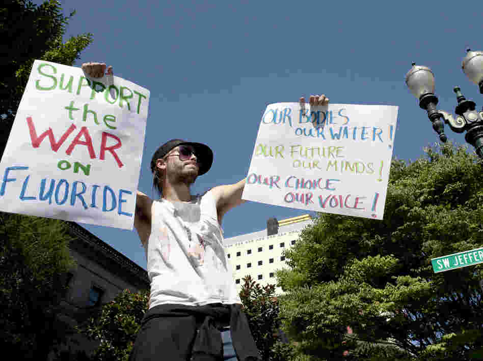 Demonstrator China Starshine holds up signs outside of City Hall in Portland last week.