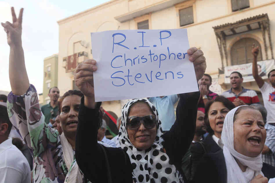 Demonstrators condemn the killing of Christopher Stevens, the U.S. ambassador to Libya, and the attack on the U.S. consulate, in Benghazi on Wednesday.