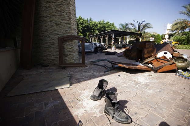 Broken furniture outside the U.S. consulate building in Benghazi on Thursday, following an attack on the building late on September 11.