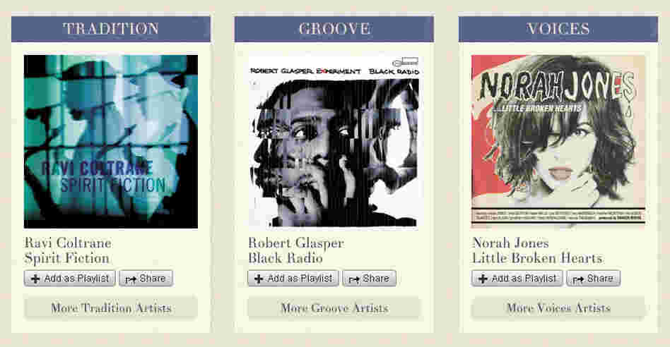 The bottom half of the Blue Note Spotify app landing page divides its artists into three categories. (Artists can fall into multiple categories.) The bottom half of the Blue Note Spotify app landing page divides its artists into three categories. (Artists can fall into multiple categories.)