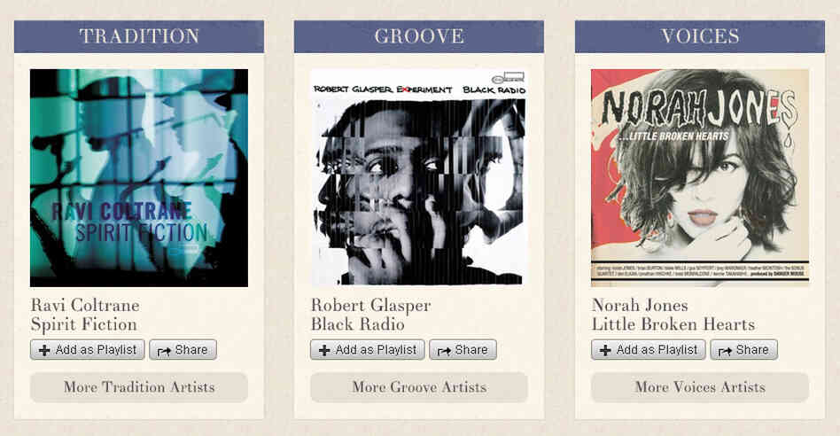 The bottom half of the Blue Note Spotify app landing page divides its artists into three categories. (Artists can fall into multiple categories.) The bottom half of the Blue Note Spotify app landing page divides its artists into three categories. (Artists can fall into multiple categories.)