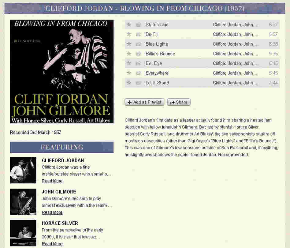 A sample entry for an album in the Blue Note Spotify app — in this case, Clifford Jordan and John Gilmore's Blowin' in From Chicago. A sample entry for an album in the Blue Note Spotify app — in this case, Clifford Jordan and John Gilmore's Blowin' in From Chicago.