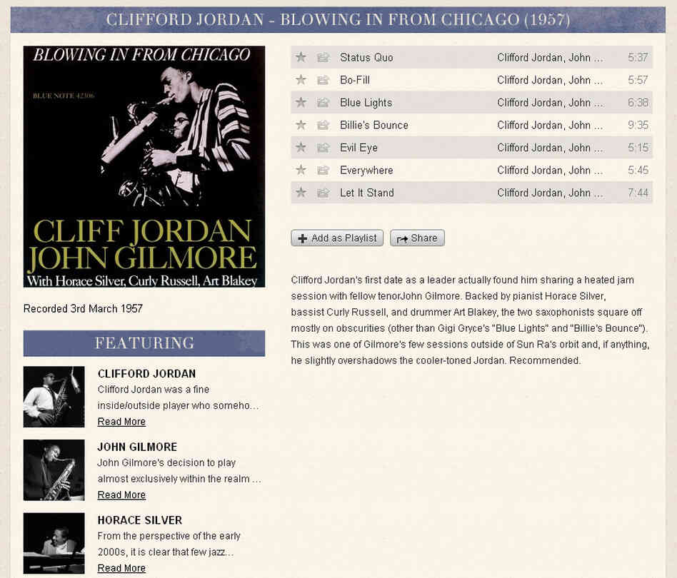 A sample entry for an album in the Blue Note Spotify app — in this case, Clifford Jordan and John Gilmore's Blowin' in From Chicago. A sample entry for an album in the Blue Note Spotify app — in this case, Clifford Jordan and John Gilmore's Blowin' in From Chicago.