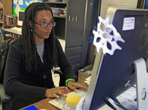 Nkomo Morris, a teacher at Brooklyn's Art and Media High School, stays in touch with current and former students through social media.