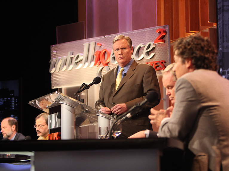 John Donvan of ABC News moderates an Intelligence Squared debate on the regulation of money in politics. (Image credit: Samuel LaHoz)