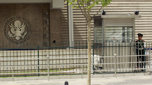 A Chinese paramilitary police officer stood guard at the entrance of the U.S. Embassy in Beijing, China, on April 29, 2012.
