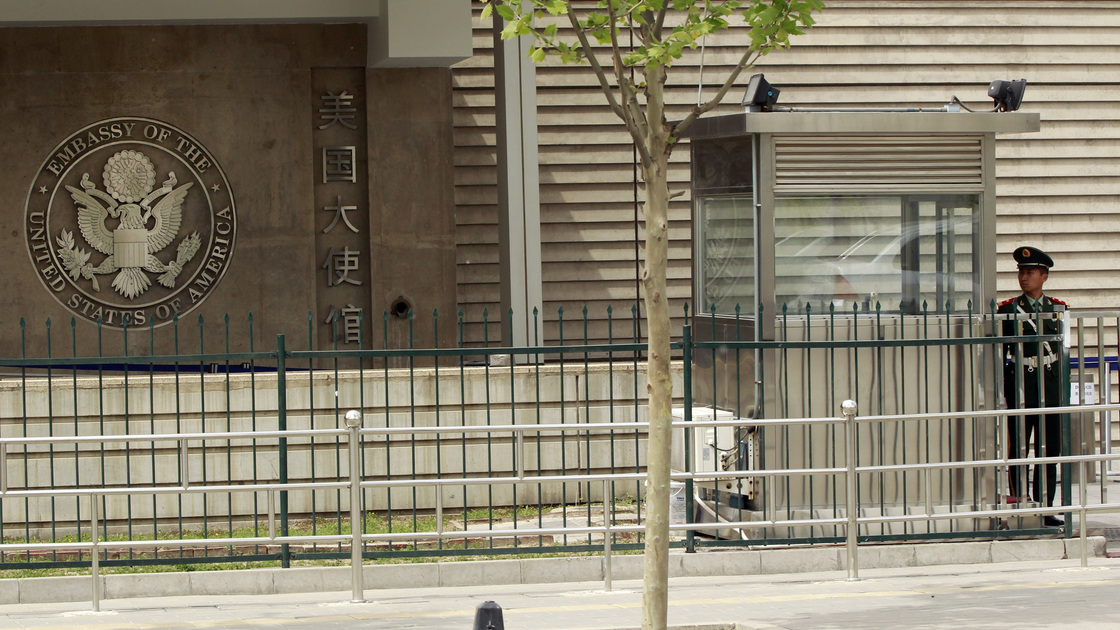A Chinese paramilitary police officer stood guard at the entrance of the U.S. Embassy in Beijing, China, on April 29, 2012.