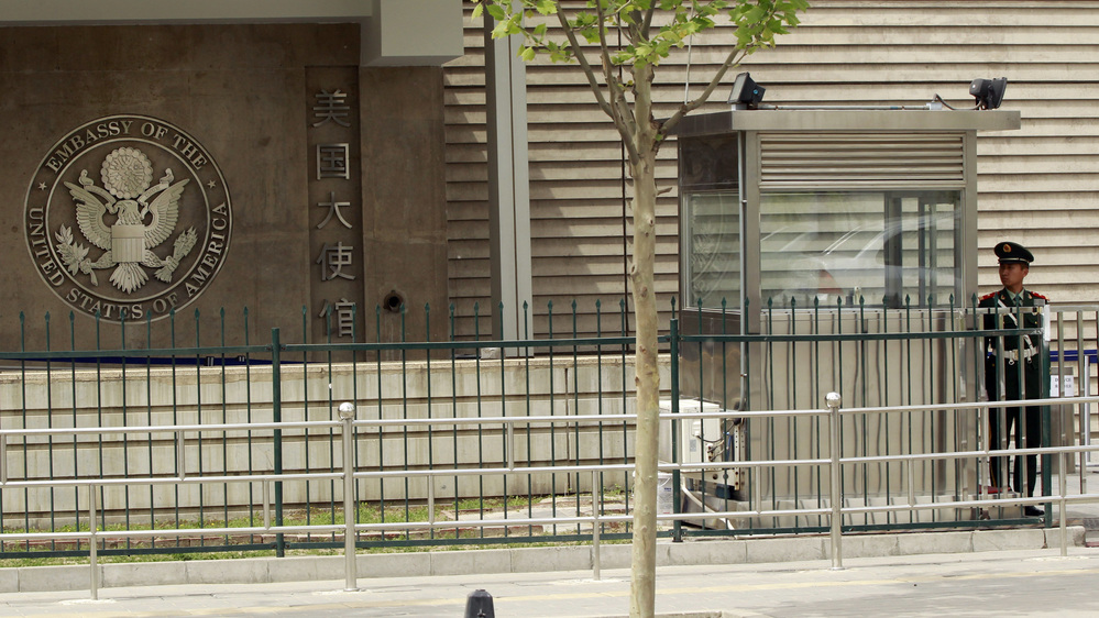 A Chinese paramilitary police officer stood guard at the entrance of the U.S. Embassy in Beijing, China, on April 29, 2012.