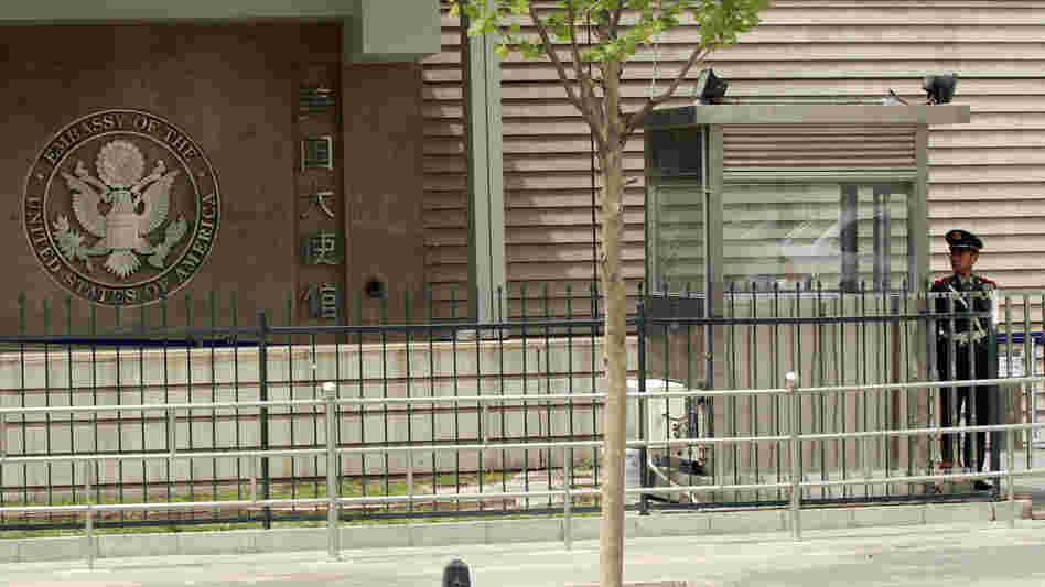 A Chinese paramilitary police officer stood guard at the entrance of the U.S. Embassy in Beijing, China, on April 29, 2012.
