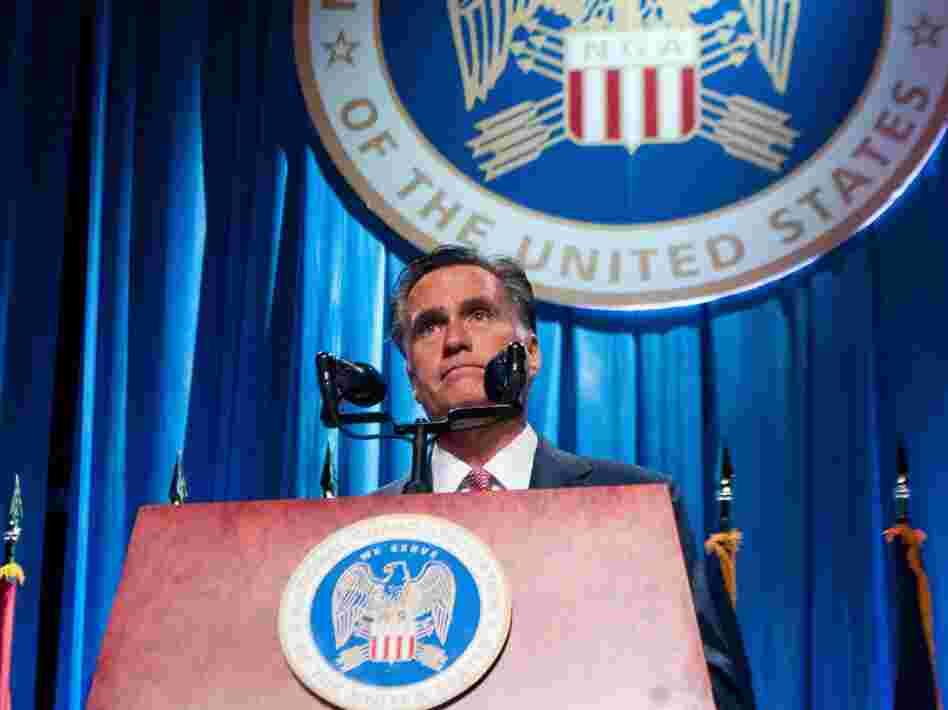 Republican presidential candidate, former Massachusetts Gov. Mitt Romney addresses the crowd at the 134th National Guard Association Convention at the Reno-Sparks Convention Center, September 11, 2012 in Reno, Nevada.