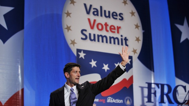 Republican vice presidential nominee Paul Ryan speaks Friday at the Values Voter Summit in Washington, D.C.