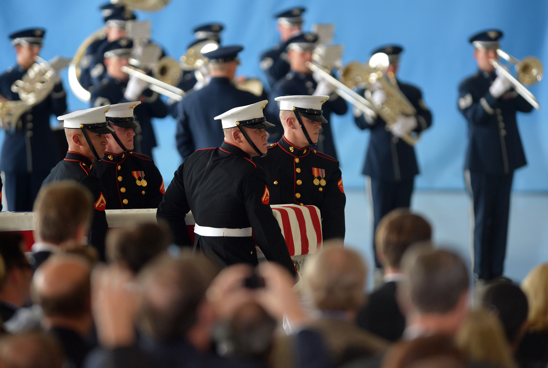 U.S. Marines carry a casket during the transfer of remains ceremony, marking the return of the remains of the four Americans killed in an attack this week in Benghazi, Libya.