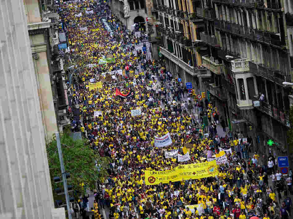 Thousands of teachers and students demonstrate during a protest against education cuts on May 22 in Barcelona, Spain. Teachers are planning another strike for later in September.
