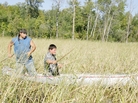 Joe Hoagland, left, pushes a canoe through a wild rice bed as 14-year-old Chris Salazar learns how to harvest the rice. Joe Hoagland, left, pushes a canoe through a wild rice bed as 14-year-old Chris Salazar learns how to harvest the rice.