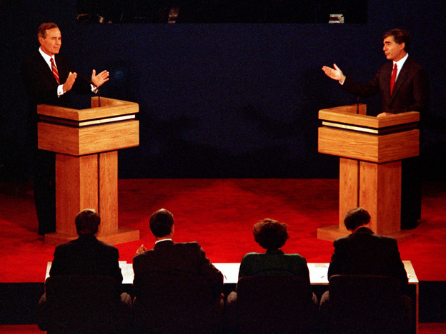 This is the first of two 1988 debates between George H.W. Bush and Michael Dukakis. In the second debate, the answer Dukakis gave to a question about whether he would support the death penalty if his wife were raped and murdered was considered a huge blunder.