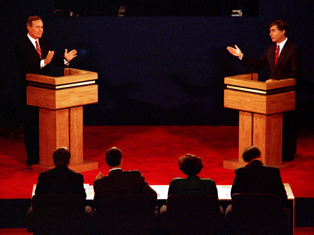 This is the first of two 1988 debates between George H.W. Bush and Michael Dukakis. In the second debate, the answer Dukakis gave to a question about whether he would support the death penalty if his wife were raped and murdered was considered a huge blunder.