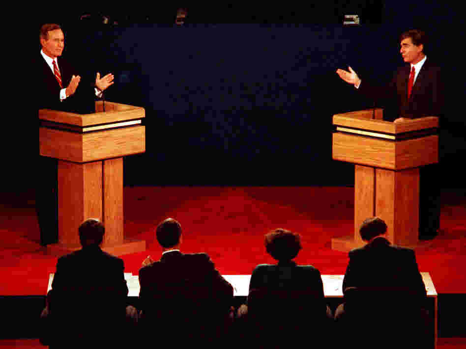 This is the first of two 1988 debates between George H.W. Bush and Michael Dukakis. In the second debate, the answer Dukakis gave to a question about whether he would support the death penalty if his wife were raped and murdered was considered a huge blunder.