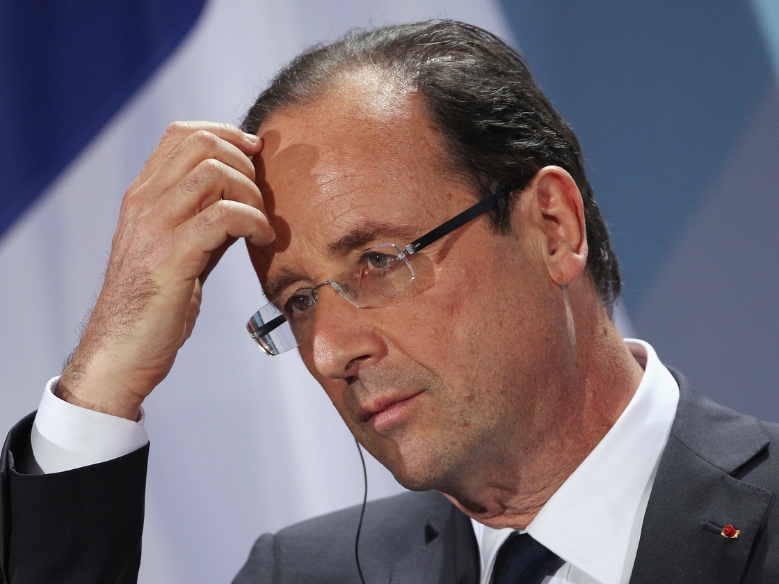 French President Francois Hollande and German Chancellor Angela Merkel (not pictured) speak to the media following talks at the Chancellery hours after Hollande's inauguration in Paris on May 15, 2012 in Berlin, Germany.