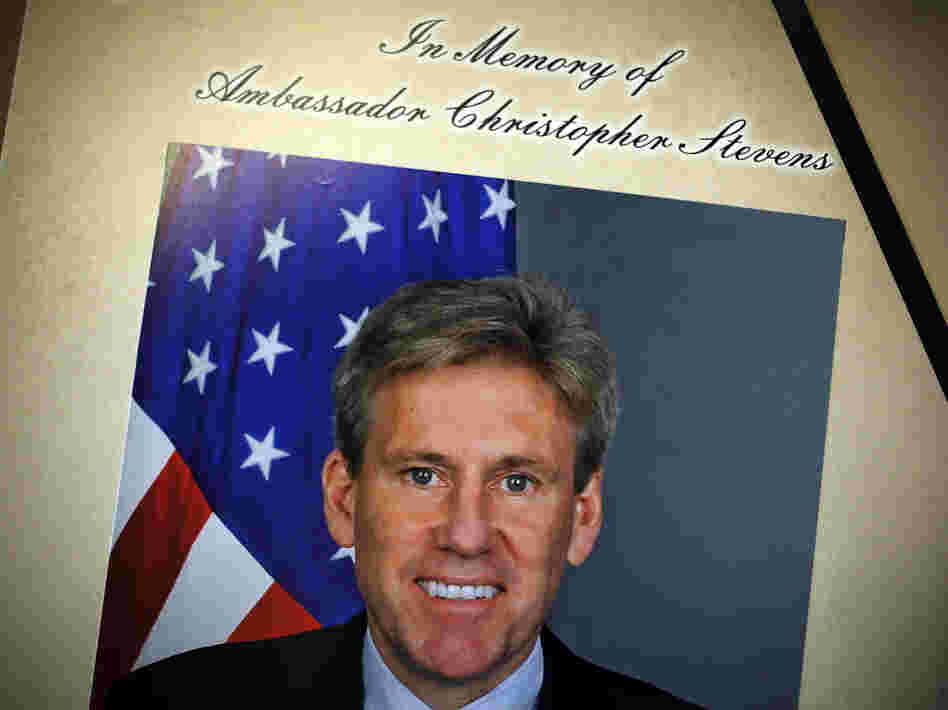 A portrait of Ambassador J. Christopher Stevens is placed along with a condolence book at the U.S. Capitol on Friday. Stevens and three other Americans were killed in an attack on the U.S. Consulate in Benghazi, Libya, on Tuesday.