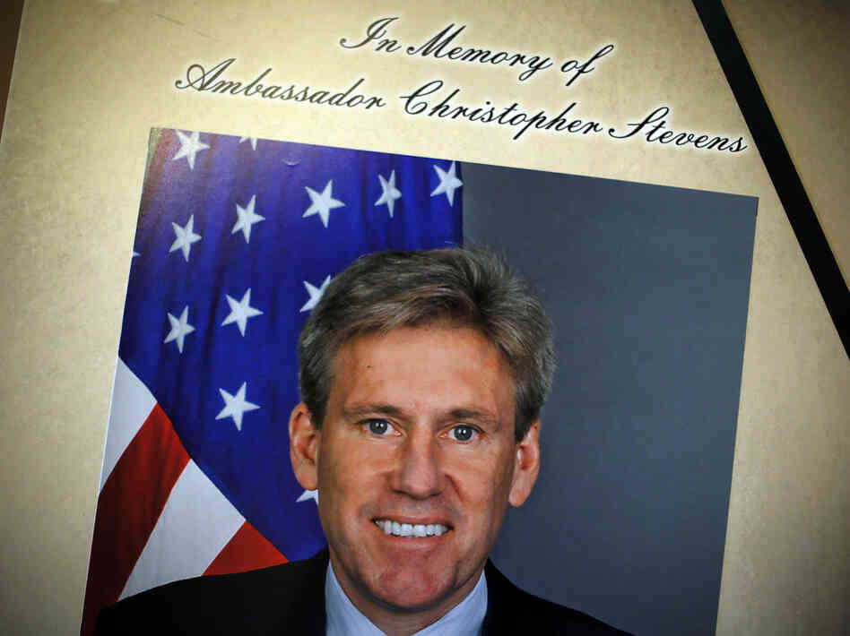 A portrait of Ambassador J. Christopher Stevens is placed along with a condolence book at the U.S. Capitol on Friday. Stevens and three other Americans were killed in an attack on the U.S. Consulate in Benghazi, Libya, on Tuesday.