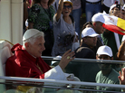 Pope Benedict XVI waves to Lebanese faithful upon his arrival to hold a mass on the waterfront in downtown Beirut on Sunday. Pope Benedict XVI waves to Lebanese faithful upon his arrival to hold a mass on the waterfront in downtown Beirut on Sunday.