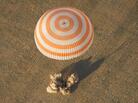 The Soyuz capsule lands with Commander Gennady Padalka of Russia, NASA Flight Engineer Joe Acaba and Russian Flight Engineer Sergei Revin aboard, near the town of Arkalyk, Kazakhstan. The capsule's final meter of descent is eased by braking engines. The Soyuz capsule lands with Commander Gennady Padalka of Russia, NASA Flight Engineer Joe Acaba and Russian Flight Engineer Sergei Revin aboard, near the town of Arkalyk, Kazakhstan. The capsule's final meter of descent is eased by braking engines.