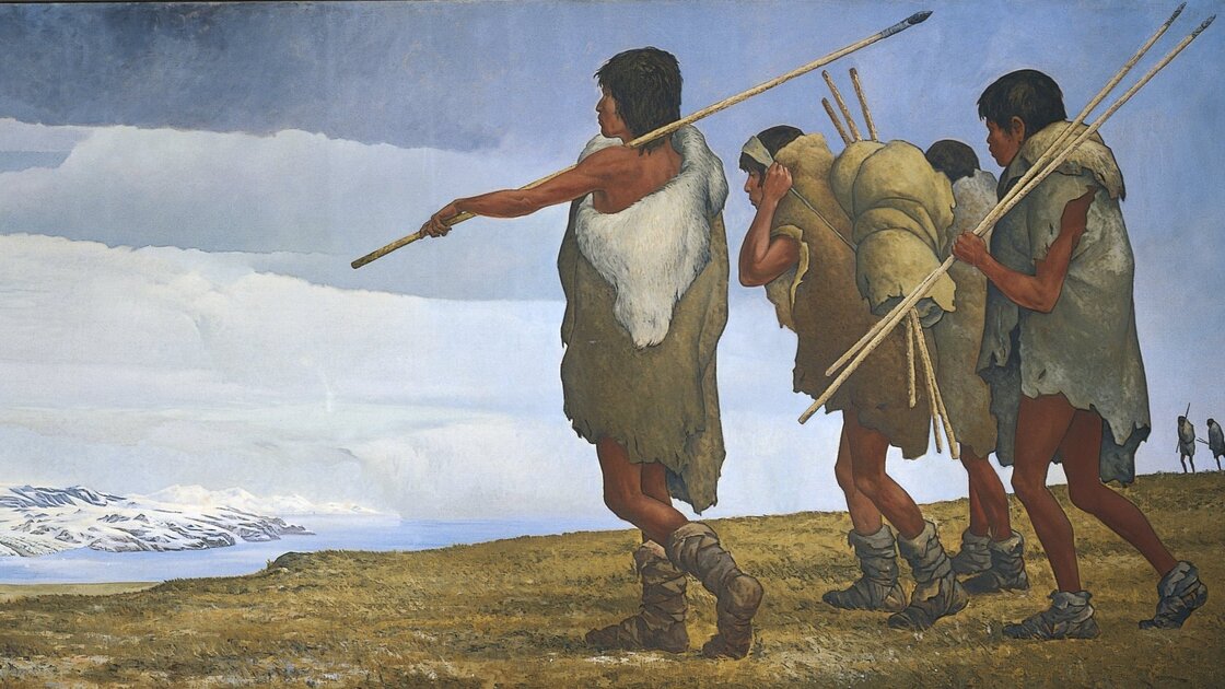 An artist's re-creation of the first human migration to North America from across the Bering Sea.
