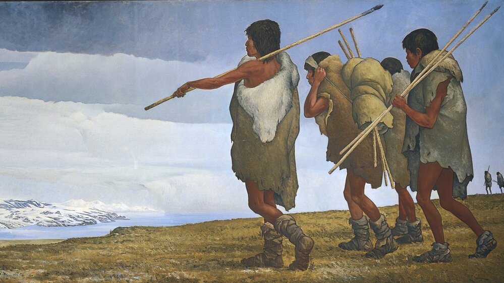 An artist's re-creation of the first human migration to North America from across the Bering Sea.