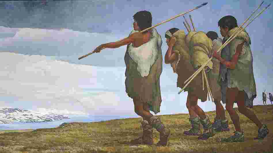 An artist's re-creation of the first human migration to North America from across the Bering Sea.