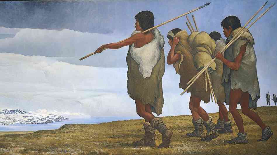 An artist's re-creation of the first human migration to North America from across the Bering Sea.