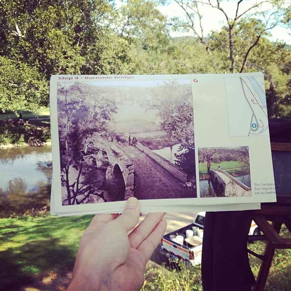 Here's a snapshot from the field as Harrington composed his image of Burnside Bridge — which involved schlepping the huge, fragile camera down a steep incline to get the right perspective.