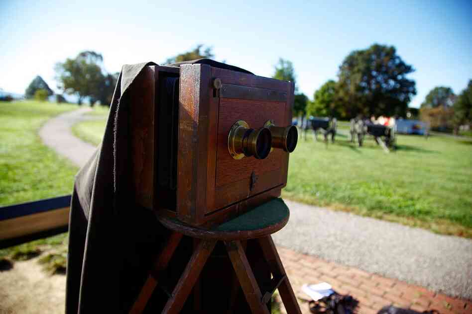 The wet-plate camera used by Alexander Gardner after the Battle of Antietam was like this one: It had two lenses, which created a "stereo" image, or two identical images side by side on one plate.